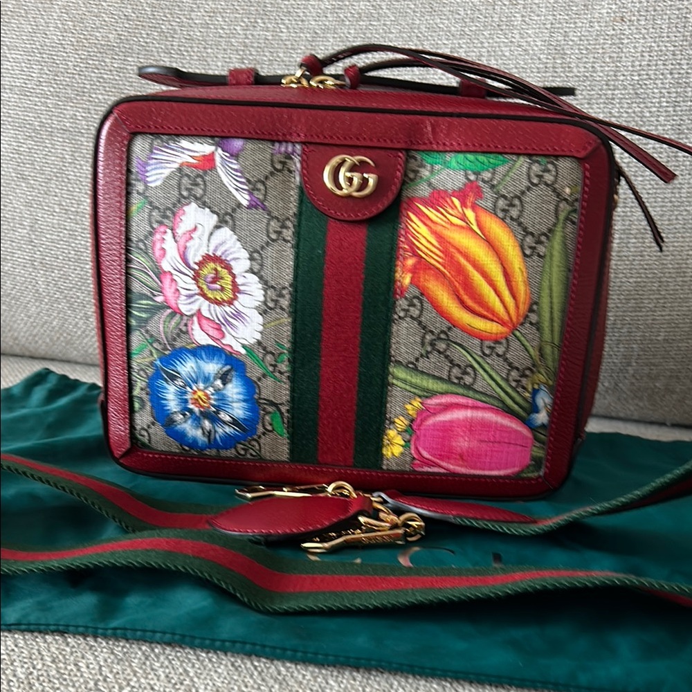 Gucci Red and Green Floral Canvas Shoulder Bag